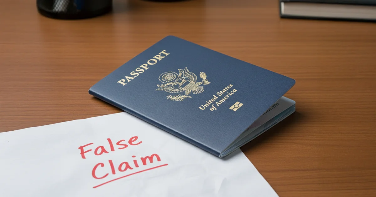 Un pasaporte estadounidense en un escritorio. Cerca de él un papel y sobre él está escrito “Falsa Reclamación”