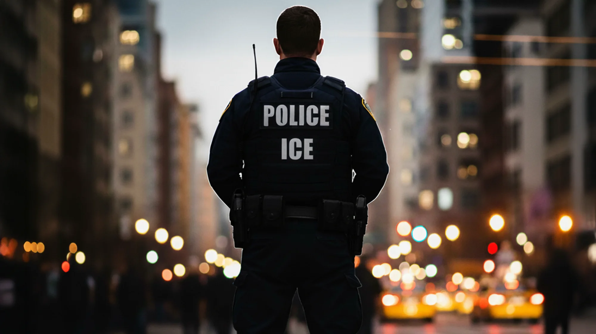 Photograph from behind of an ICE officer.