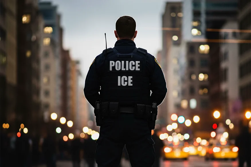 Photograph from behind of an ICE officer.