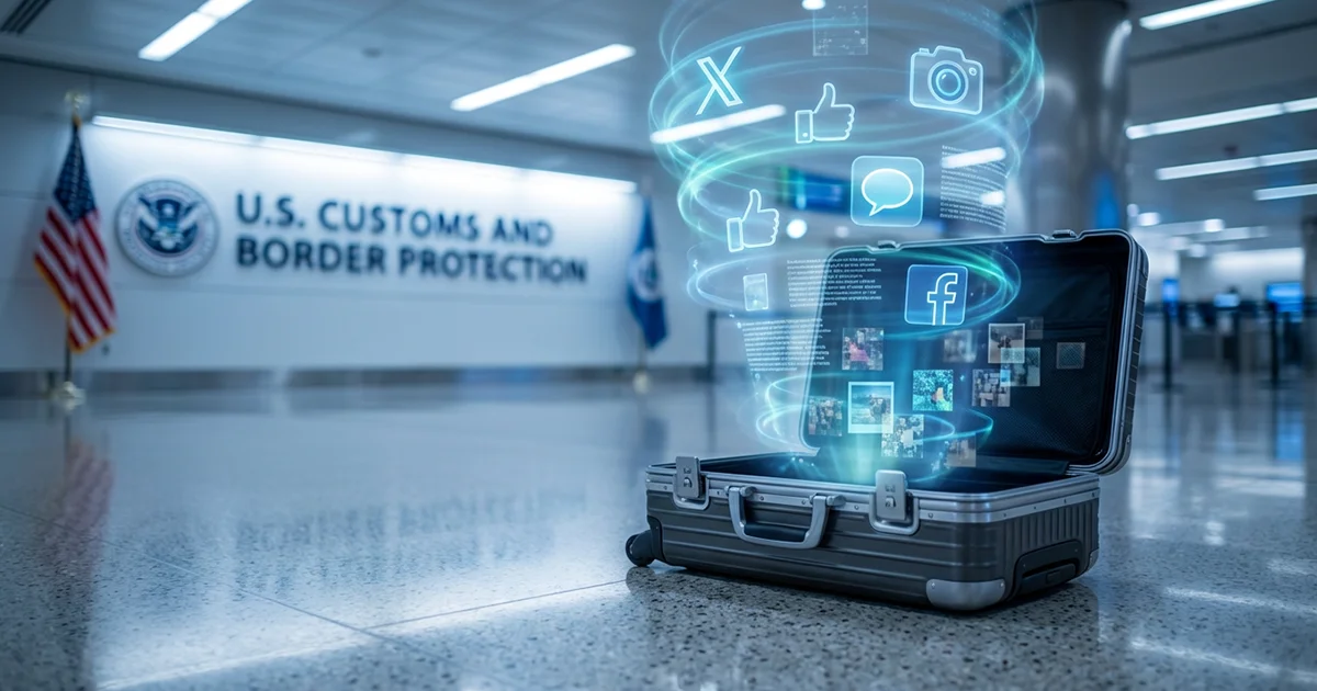 Ilustración de un estuche de viaje con aplicaciones de redes sociales en el fondo de la aduana y la patrulla fronteriza