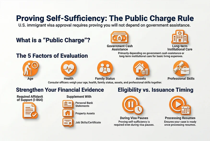 Infografic explaining "Public Charge and Immigrant Visas: How Self-Sufficiency Is Evaluated"
