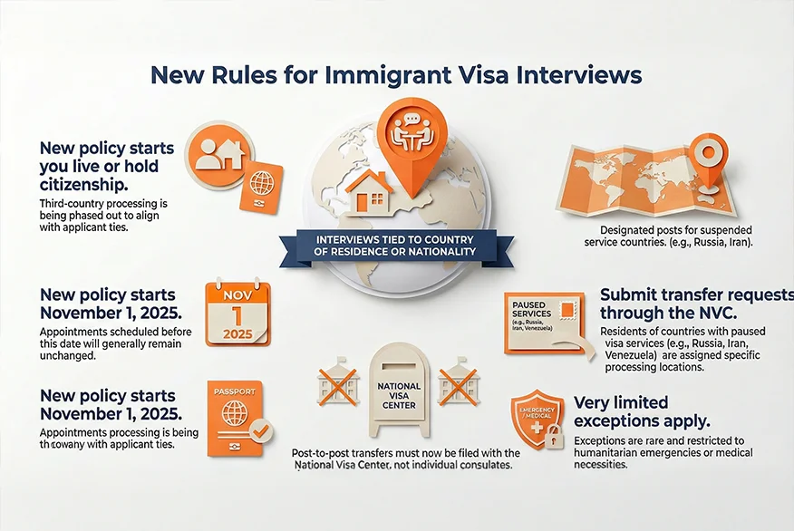 Infographic about "Immigrant Visa Applicants Must Interview in Their Country of Residence or Nationality"
