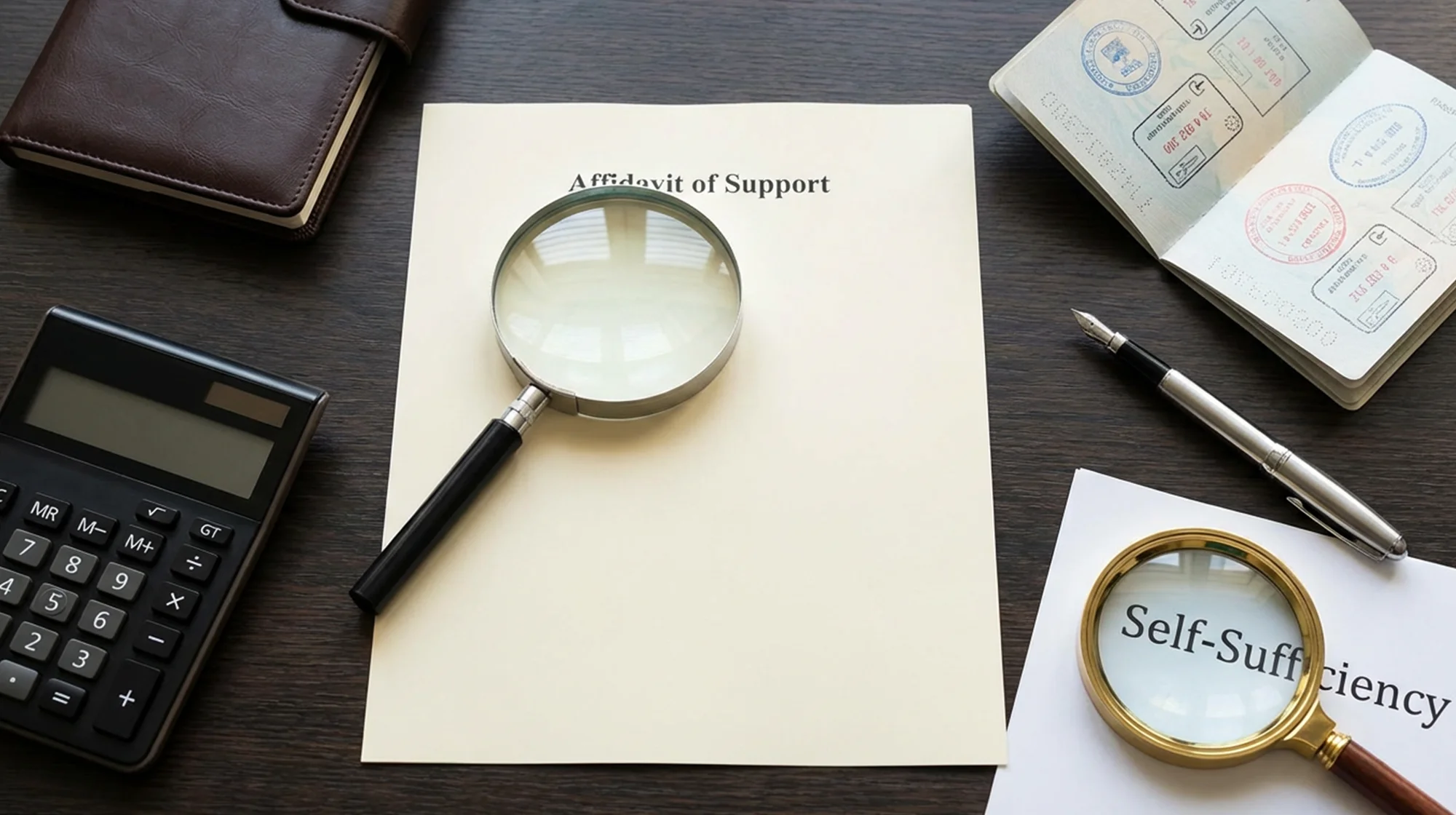 Paper, calculator and magnifying glass on a table.