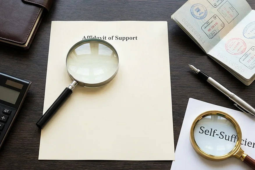 Paper, calculator and magnifying glass on a table.
