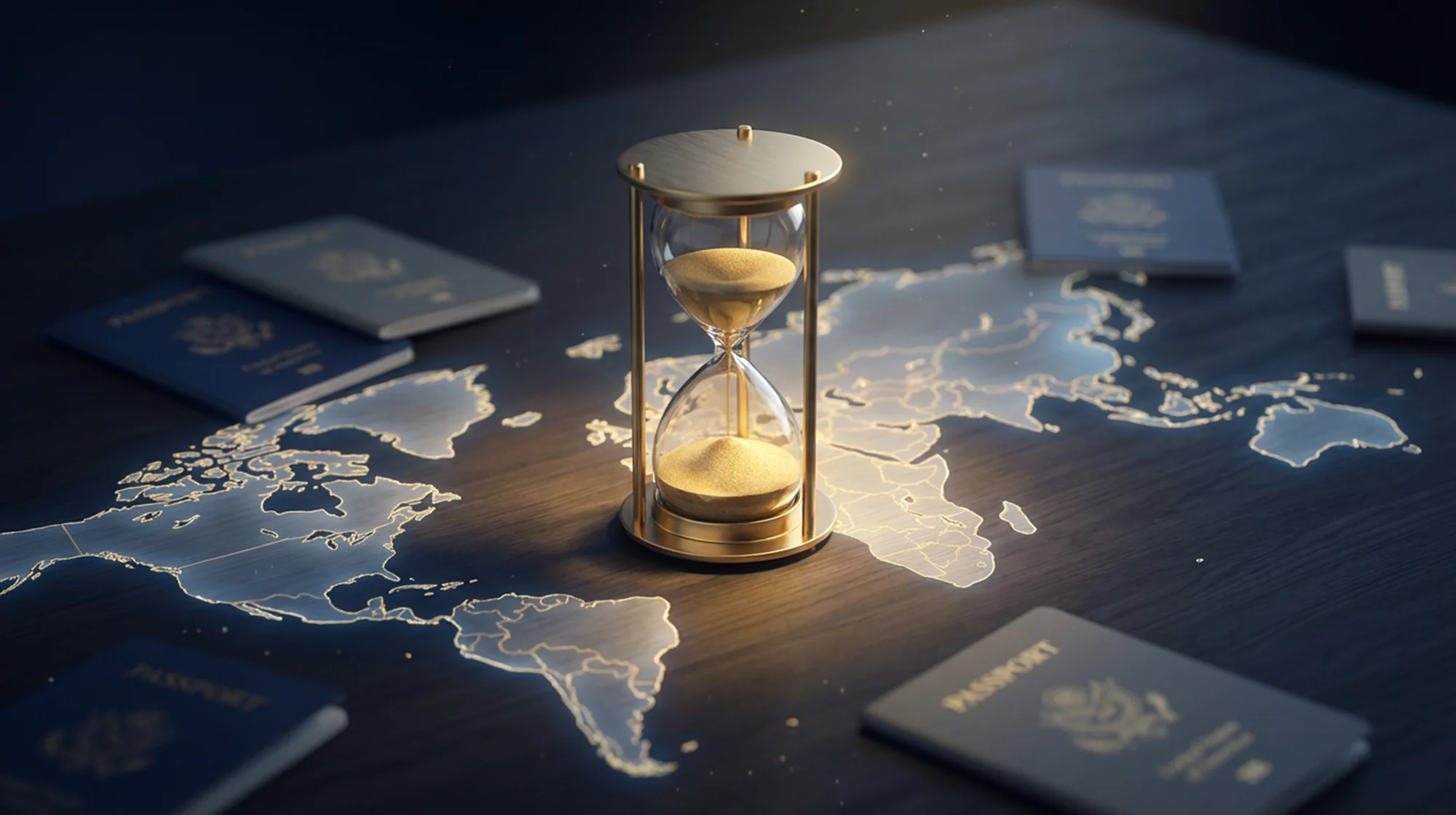A world map on the table, a sand time glass and US passports on the table