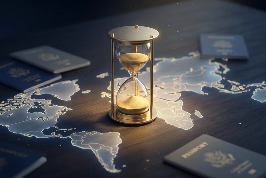 A world map on the table, a sand time glass and US passports on the table