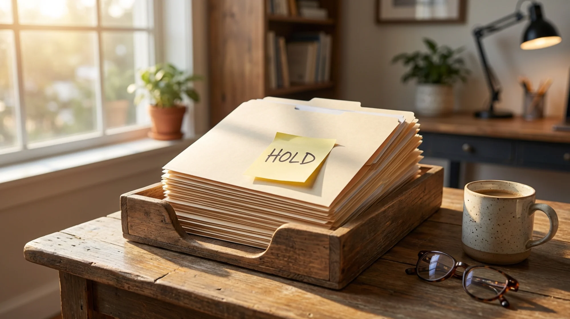 Folders on a table with sticker that reads "hold"