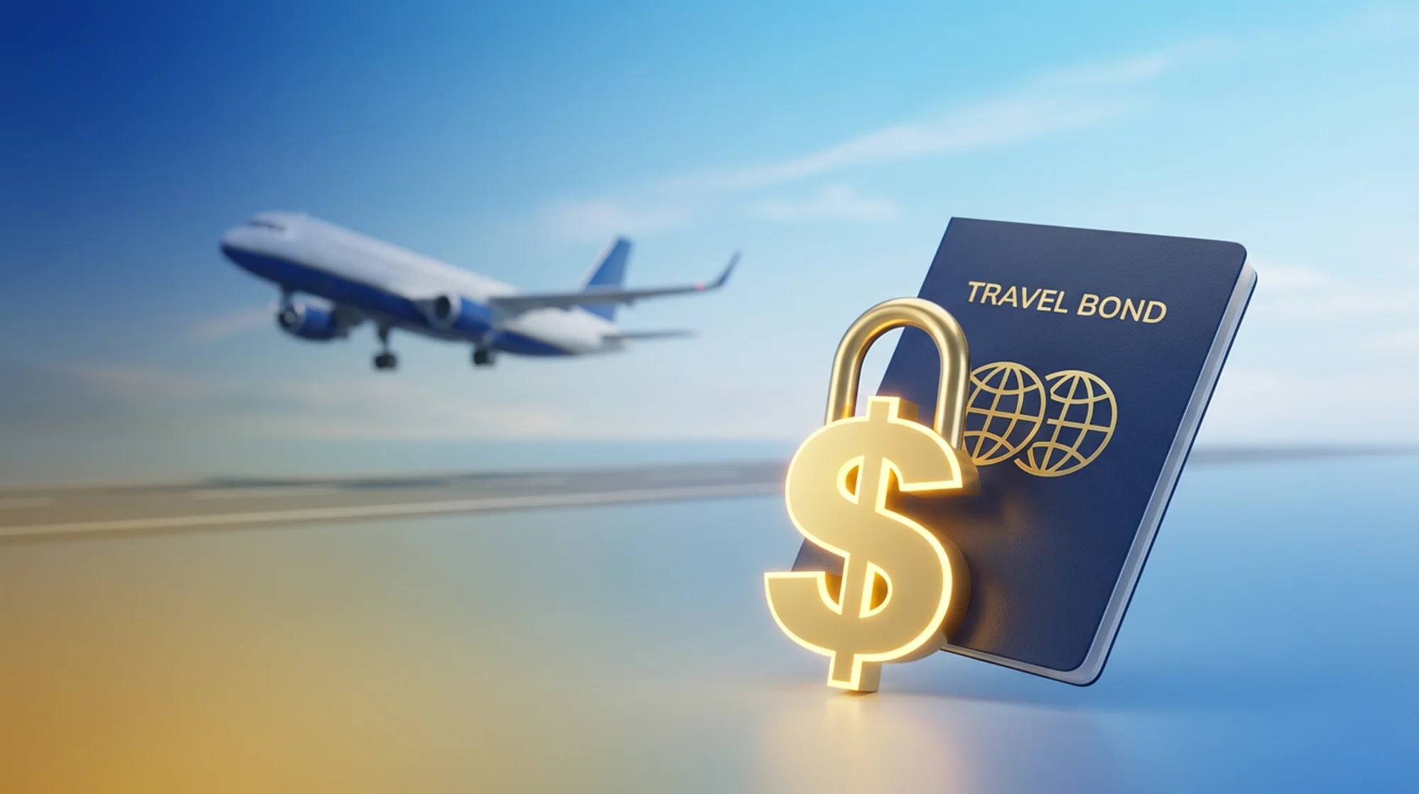 3d concept of a plane, passport and dollar sign