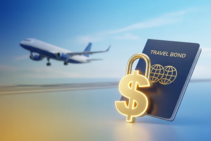 3d concept of a plane, passport and dollar sign