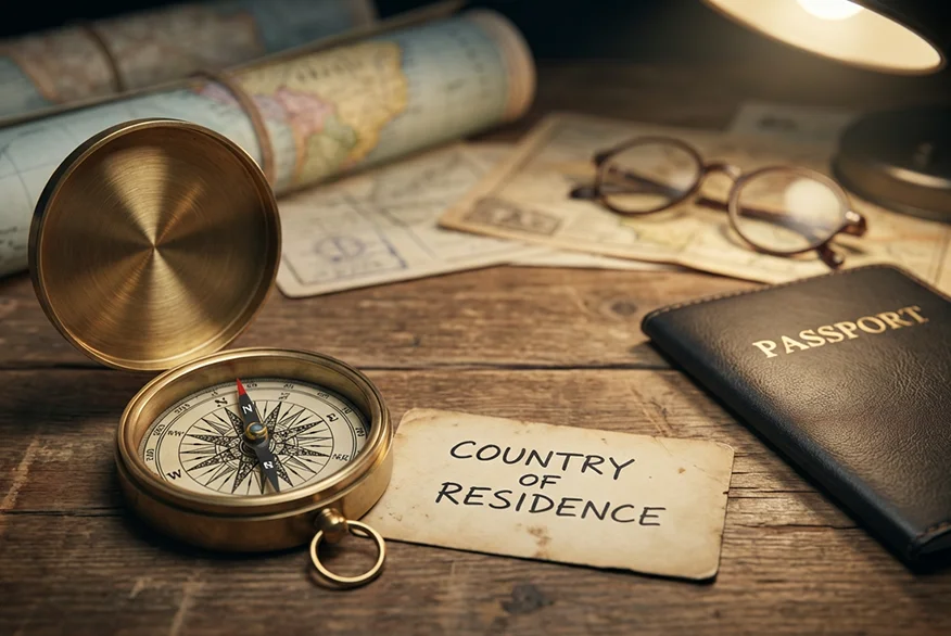 A compass, passport and a paper that reads "country of residence" on a table