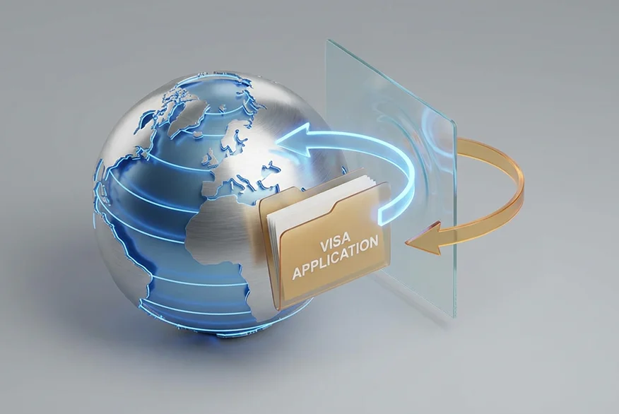 3d concept of a globe and visa application folder