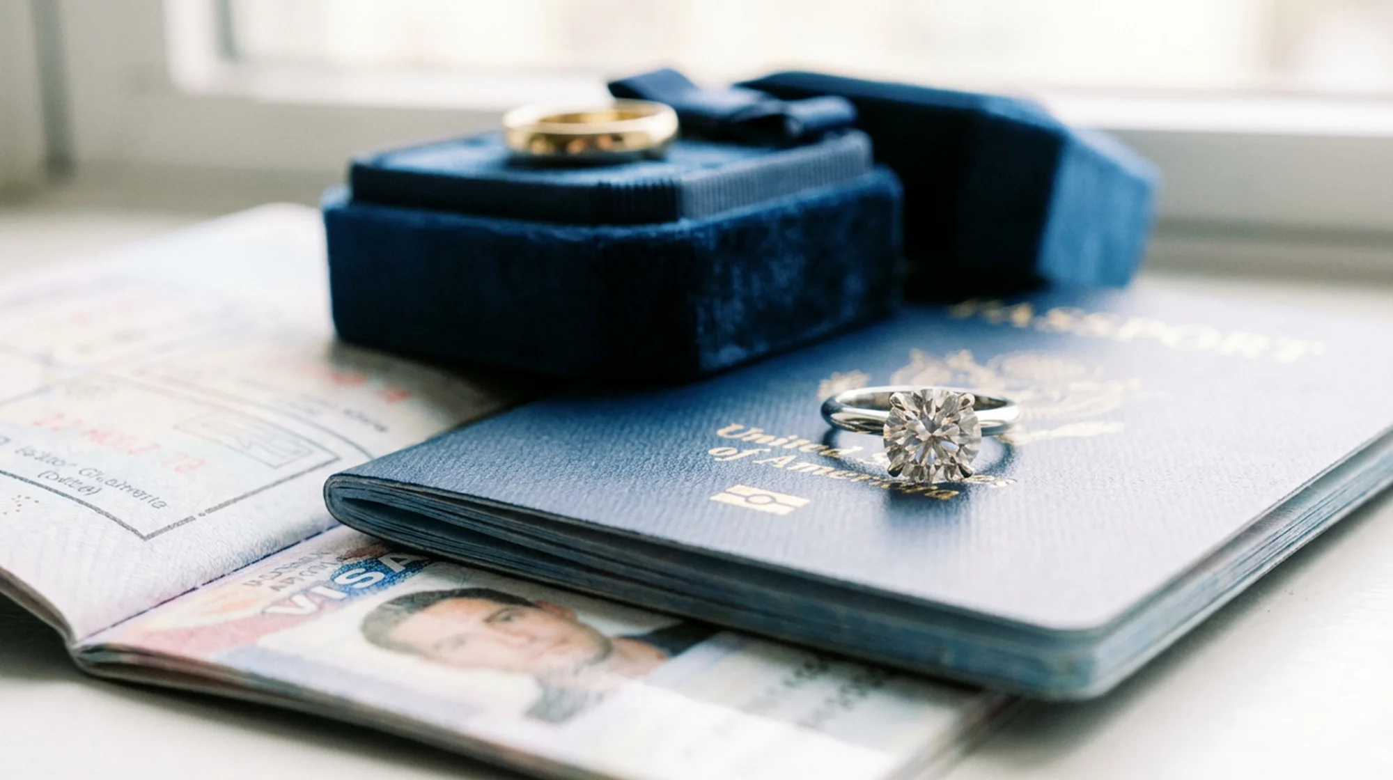 Close up of a US passport and engagement ring.
