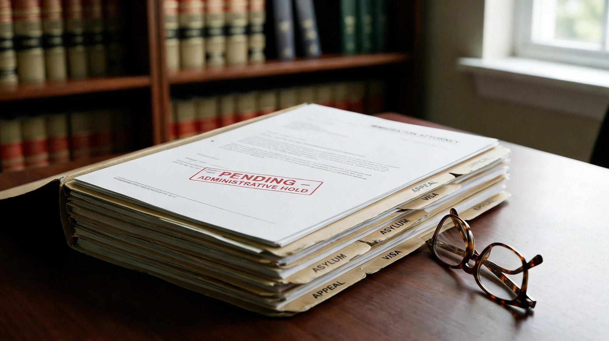 Folders of immigration attorney on a table. 