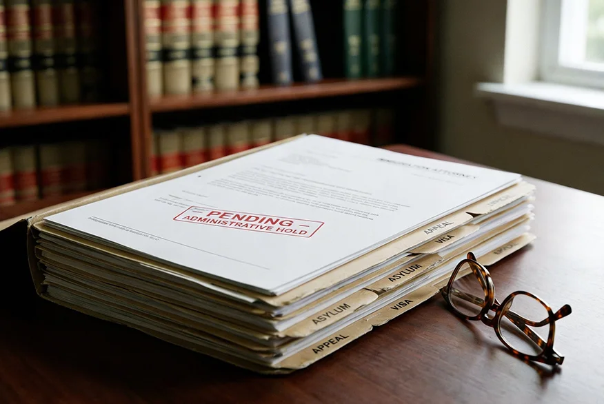 Folders of immigration attorney on a table. 