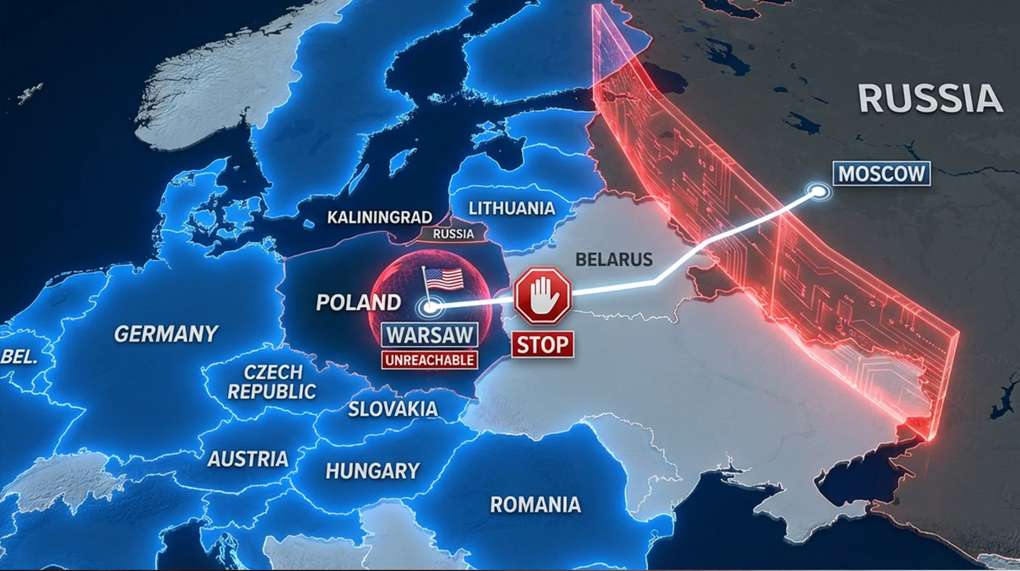 An illustration 3D map depicting a digital wall from Russia to Eastern Europe. 