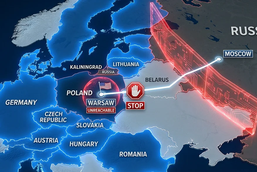 An illustration 3D map depicting a digital wall from Russia to Eastern Europe. 