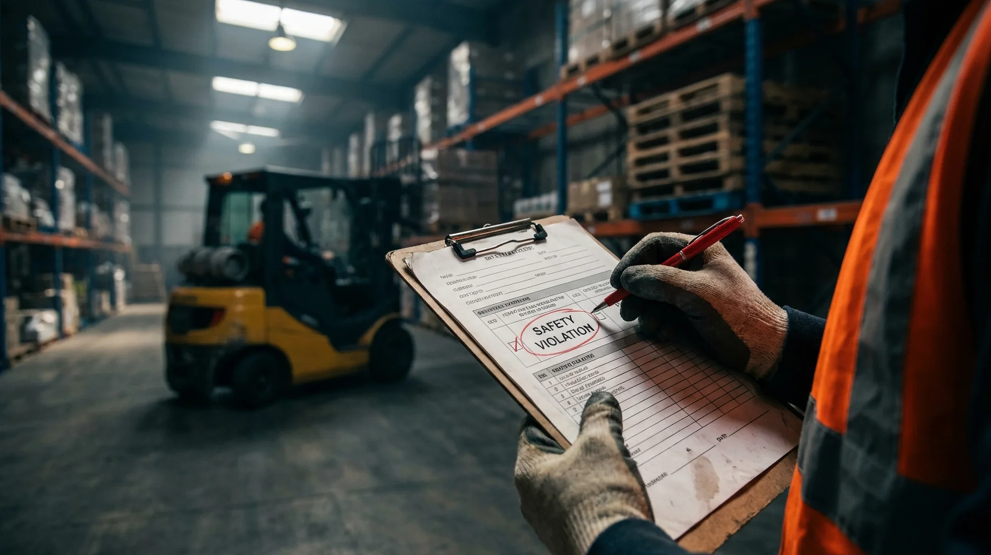 Safety manager with a check list in a warehouse.