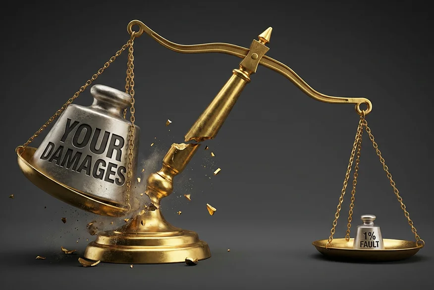 3d illustration of a balance showing "1% at fault" in Maryland