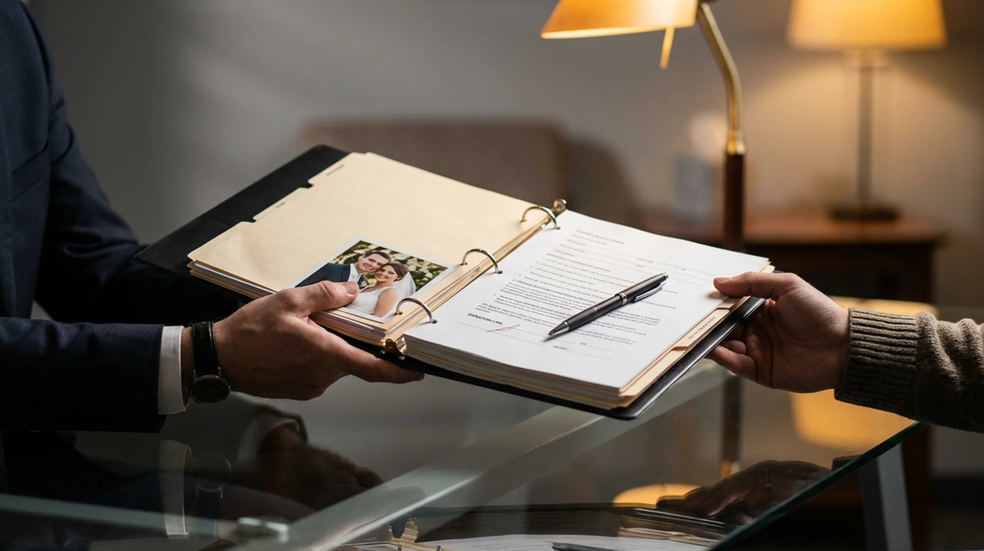 A folder with a picture of a married couple.