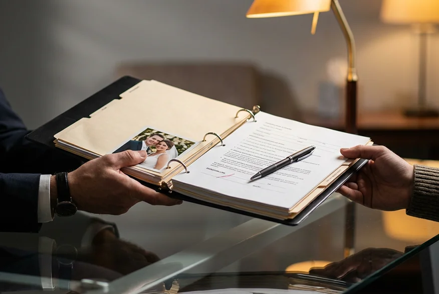 A folder with a picture of a married couple.