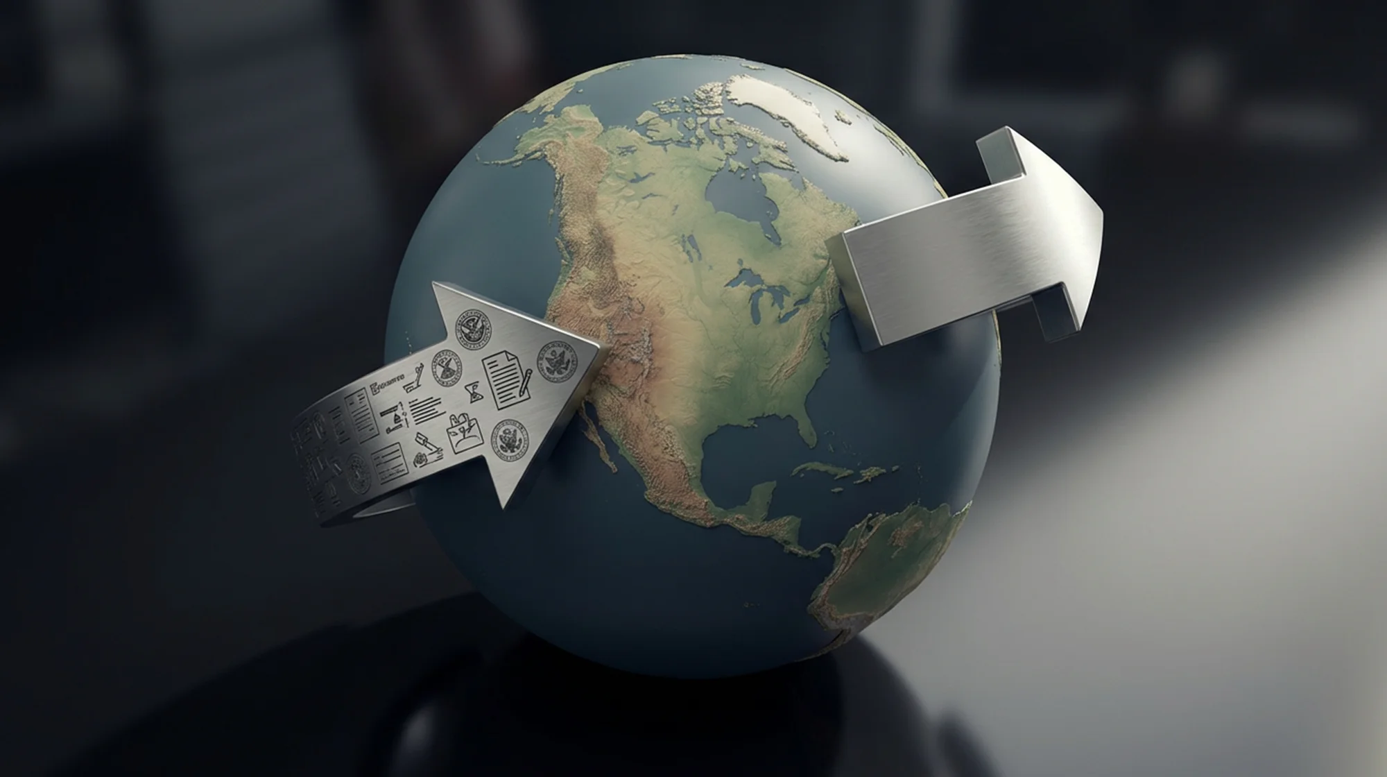 El renderizado 3D de la tierra con flechas va desde y hacia Estados Unidos.