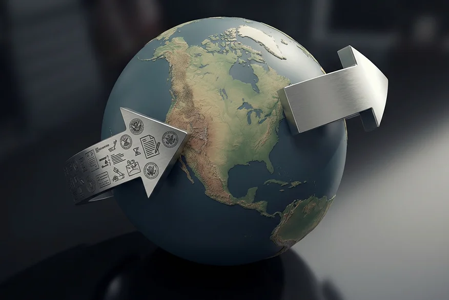 3D render o earth with arrows go from and to US.