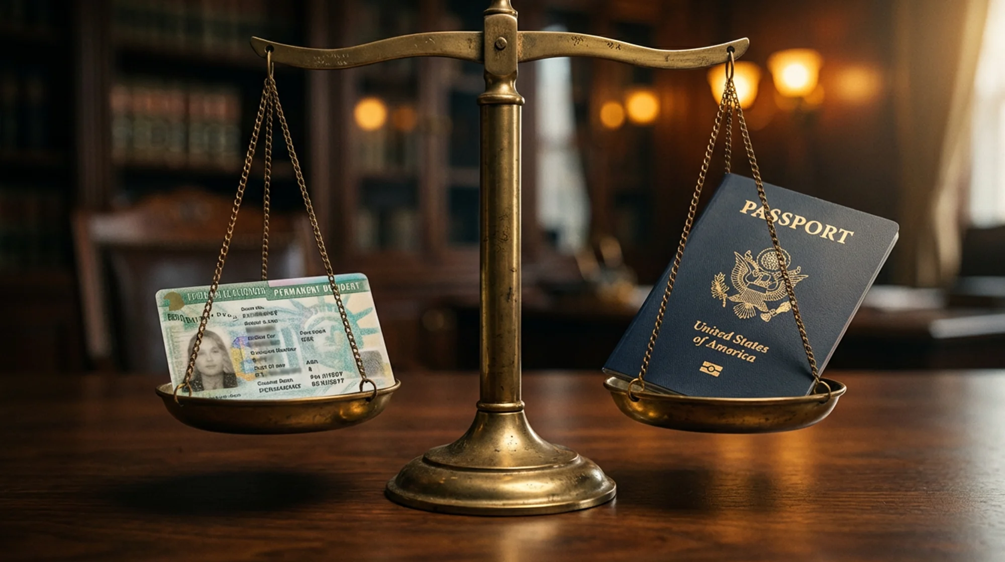 A symbolic scale with a green card on one side and a US passport on the other side