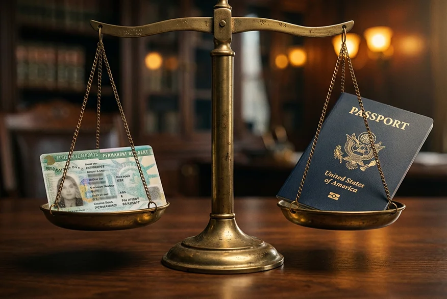 A symbolic scale with a green card on one side and a US passport on the other side