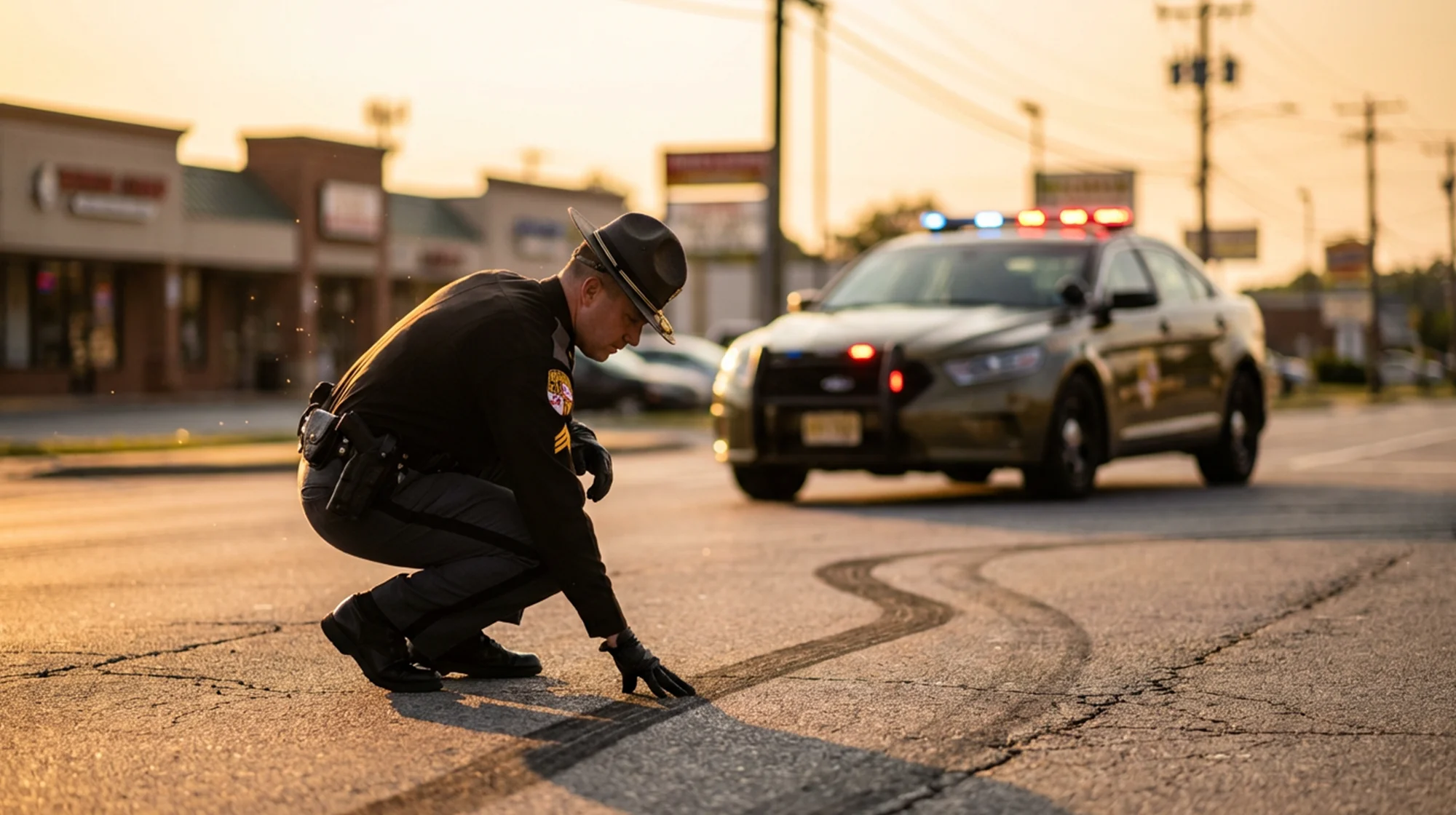 A police office inspecting a car track after an accident