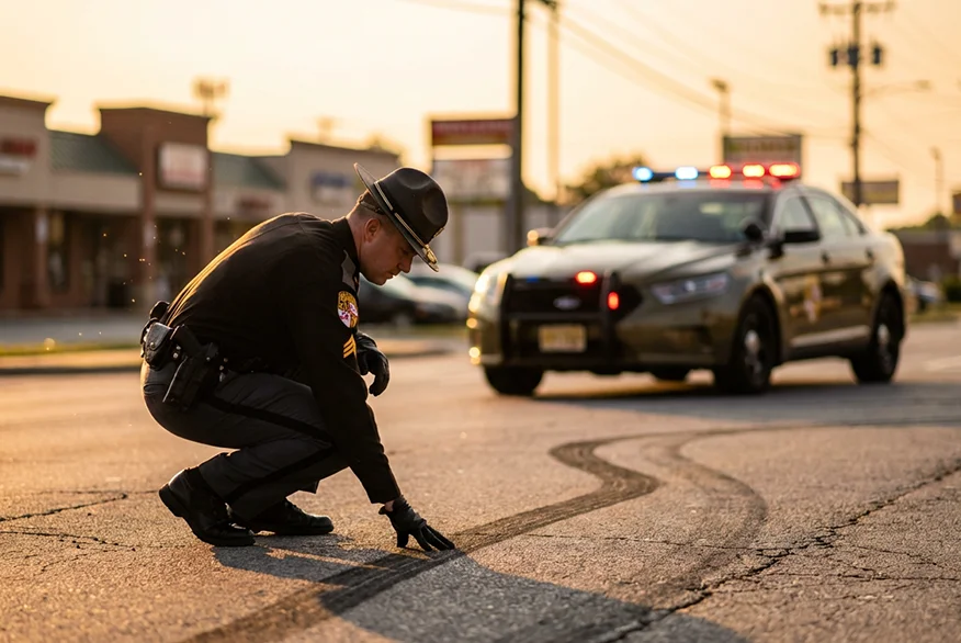 A police office inspecting a car track after an accident