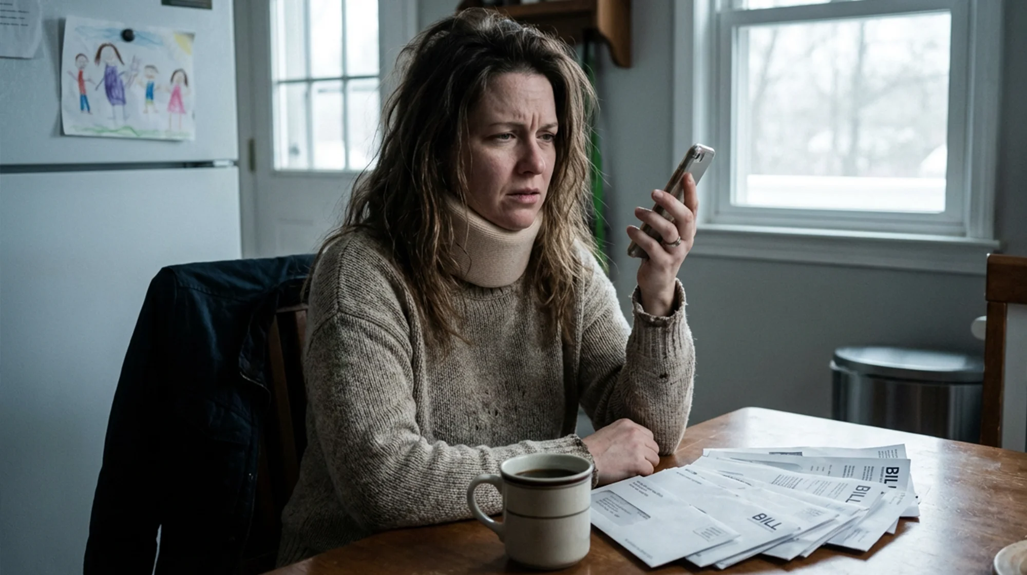 A woman with injured neck looking at the phone.