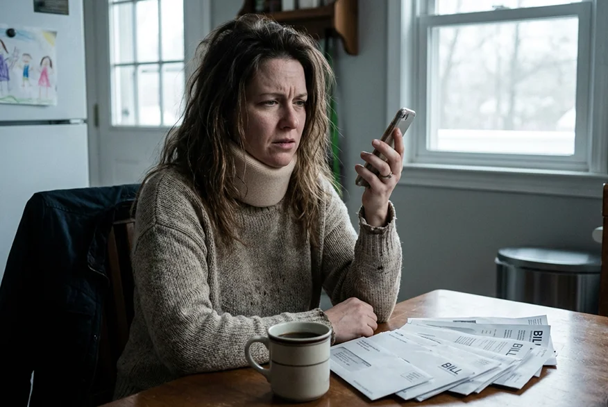 A woman with injured neck looking at the phone.
