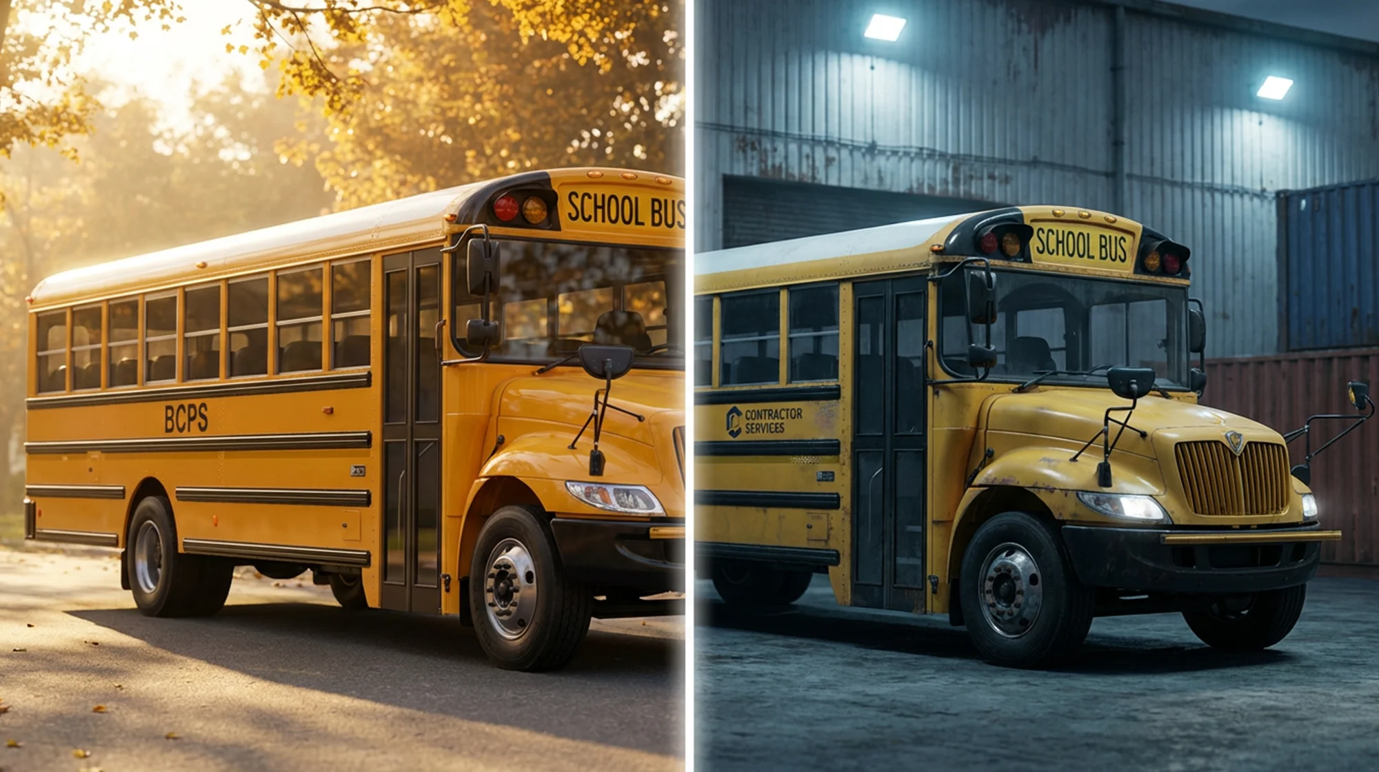 A split screen on which two school buses are shown. One is in good condition, the other one is after the accident.