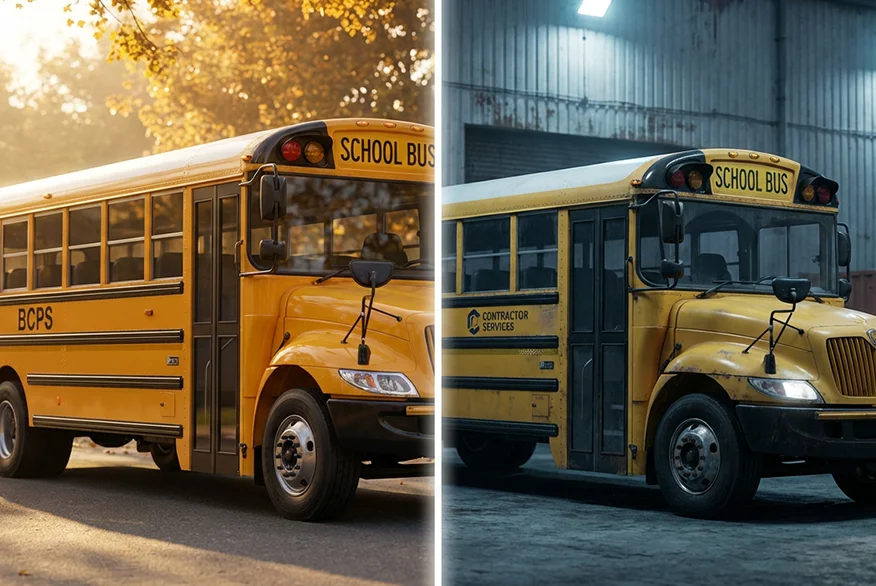 A split screen on which two school buses are shown. One is in good condition, the other one is after the accident.