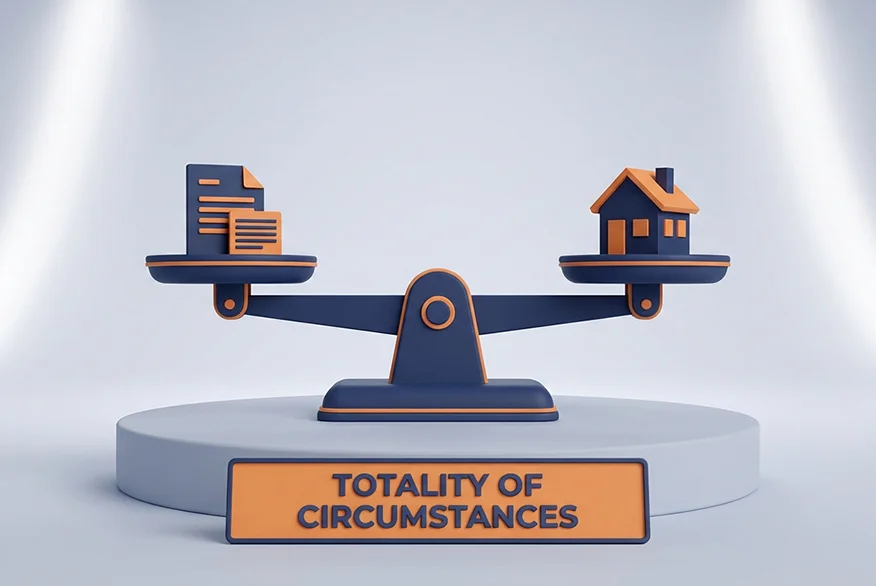 3D render of a scale. On one side is a home, on the other side there documents.