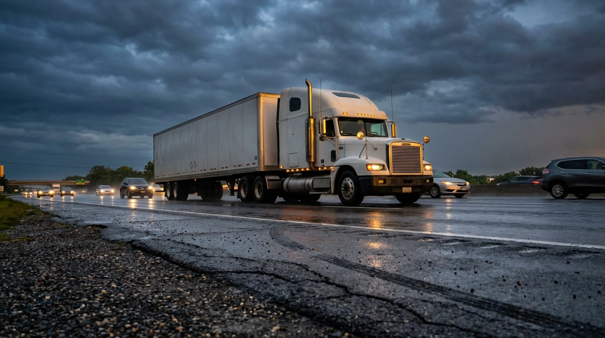A semi truck driving on a highway.