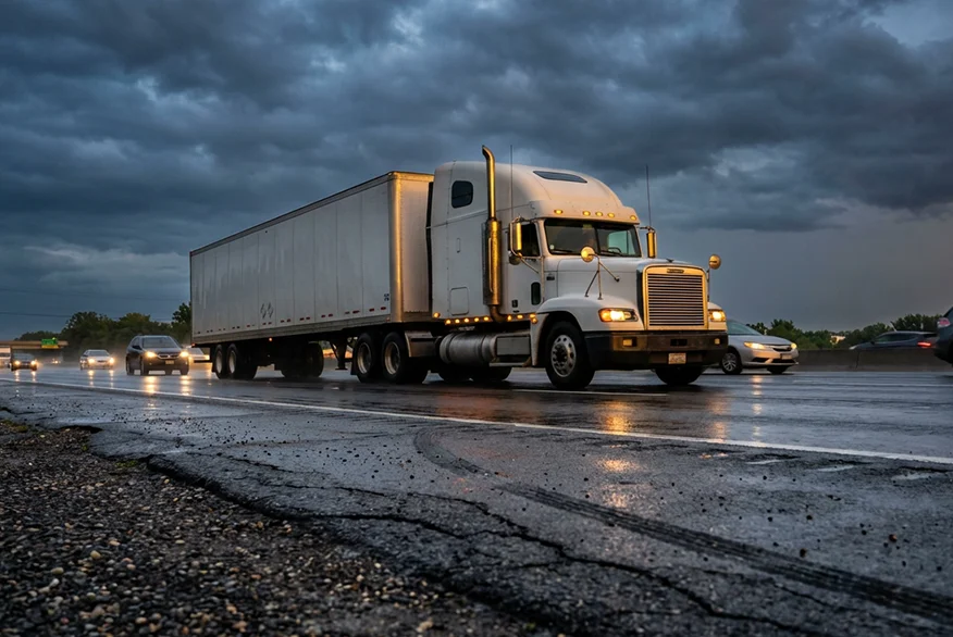 A semi truck driving on a highway.