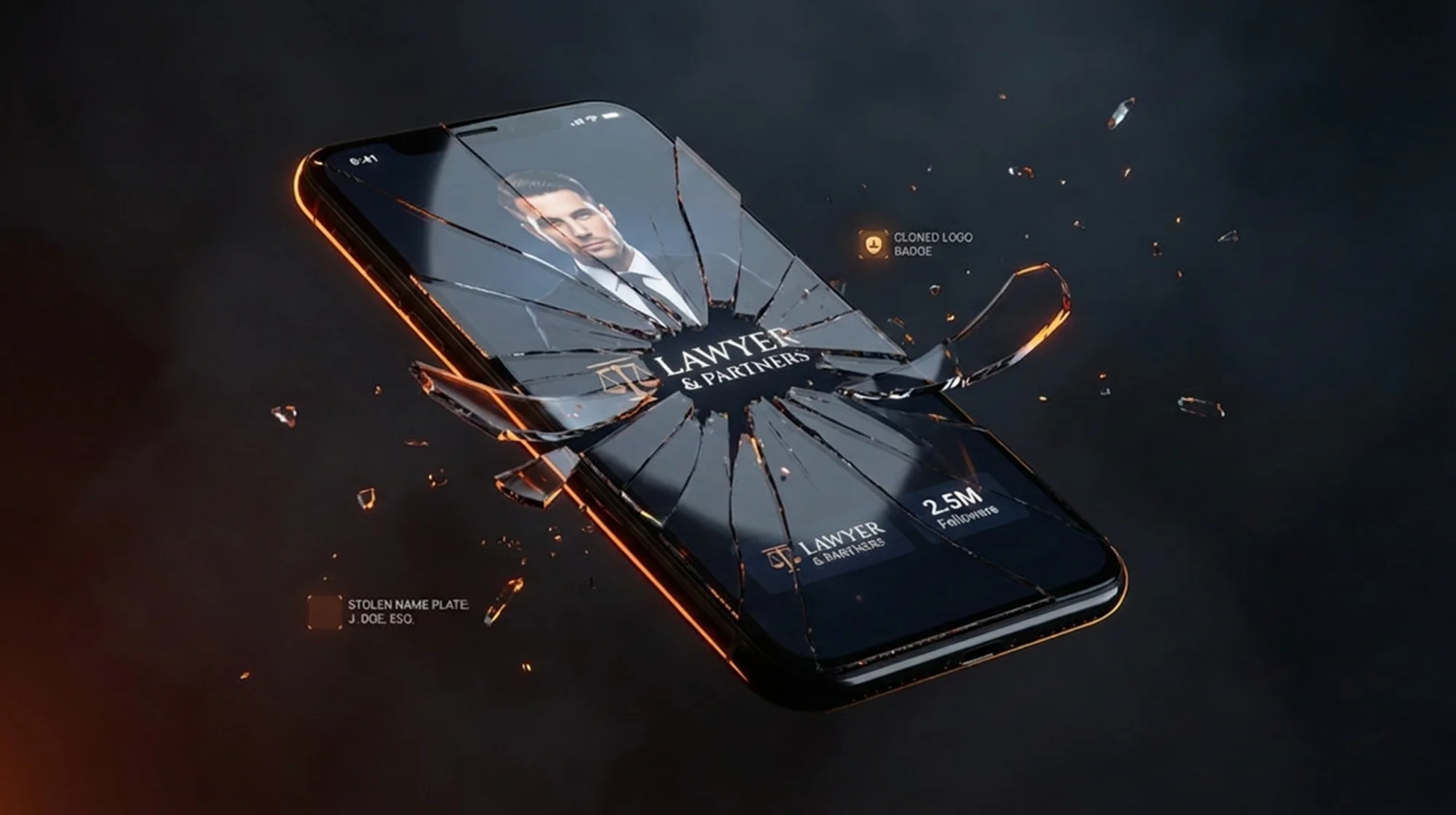 3D render of a phone with a broken glass and a profile of a fake lawyer on the screen
