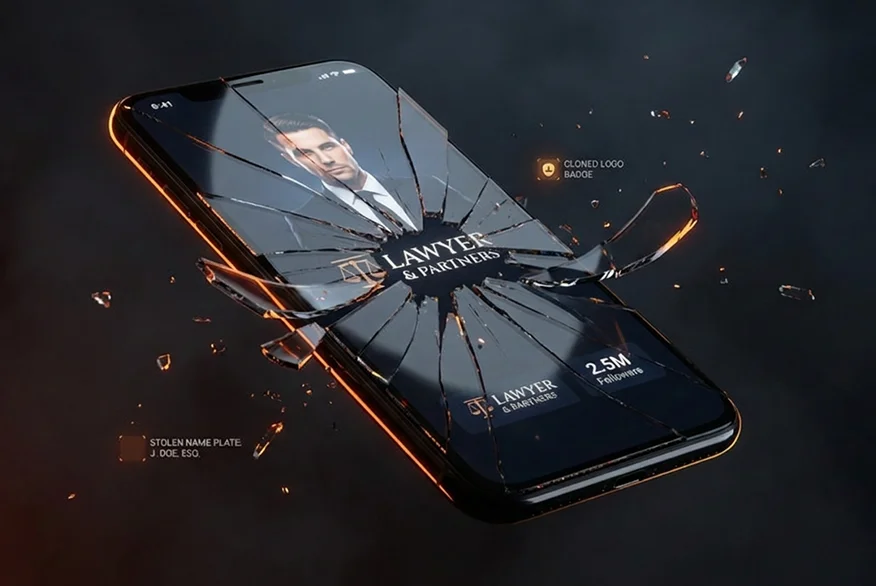 3D render of a phone with a broken glass and a profile of a fake lawyer on the screen