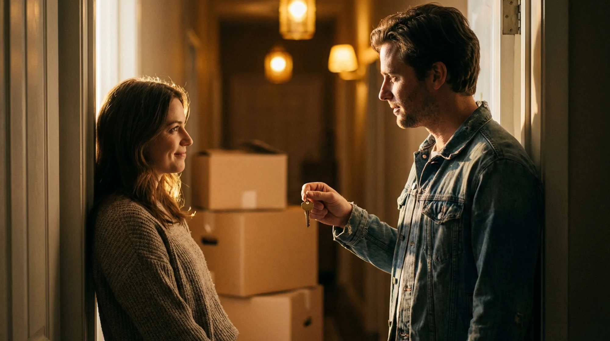 A romantic couple. The husband handles the key of the home to wife.