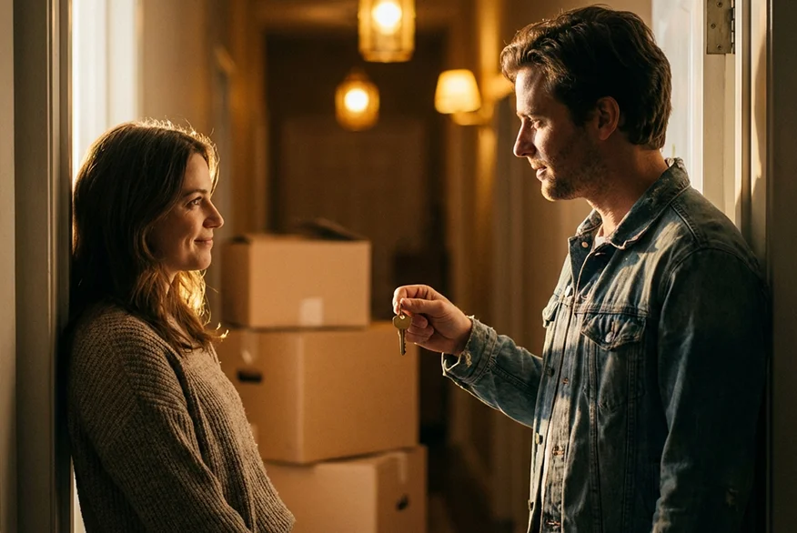 A romantic couple. The husband handles the key of the home to wife.