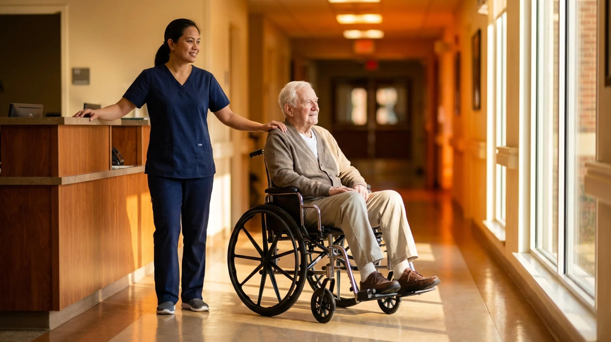 A nurse with a senior man in wheelchair at a nursing home 