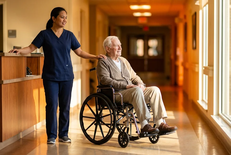 A nurse with a senior man in wheelchair at a nursing home 