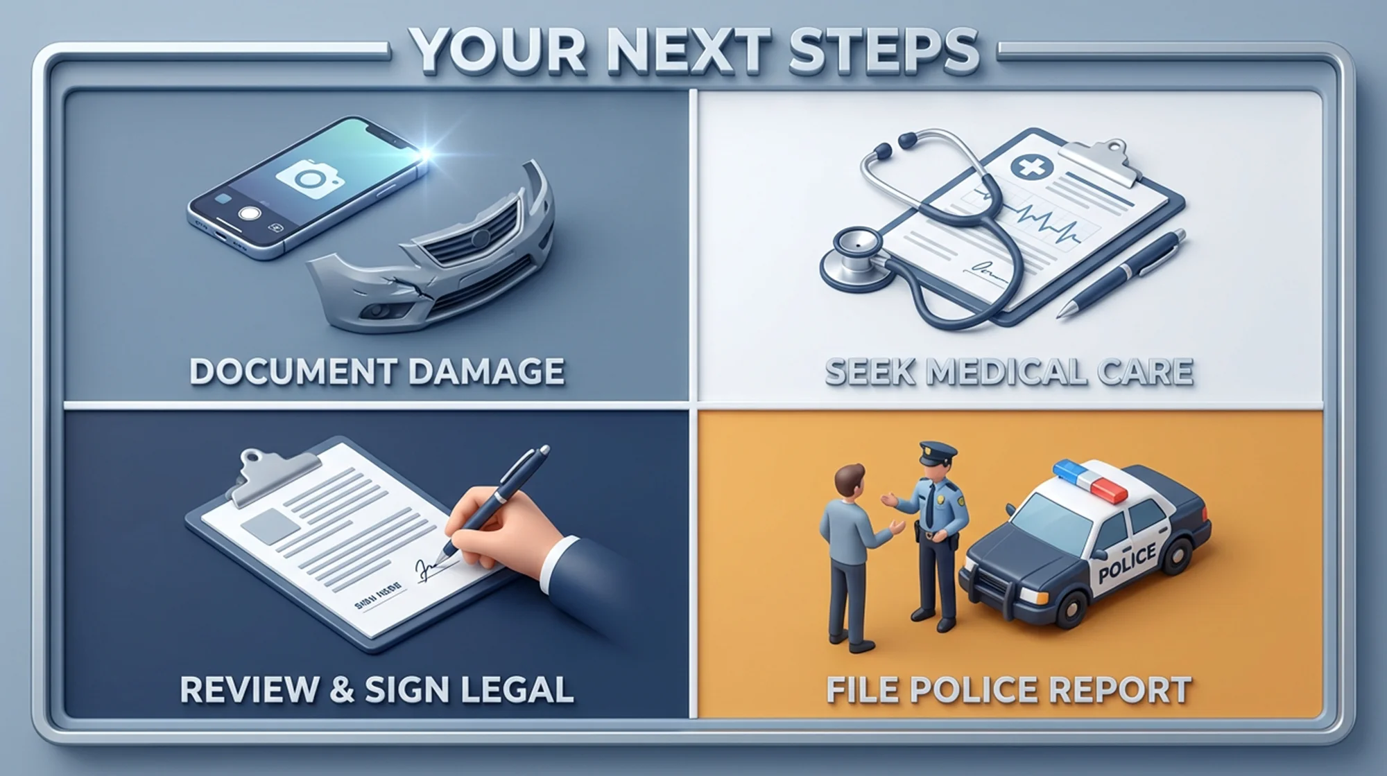 Ilustración 3D de los pasos después de la colisión trasera en Maryland