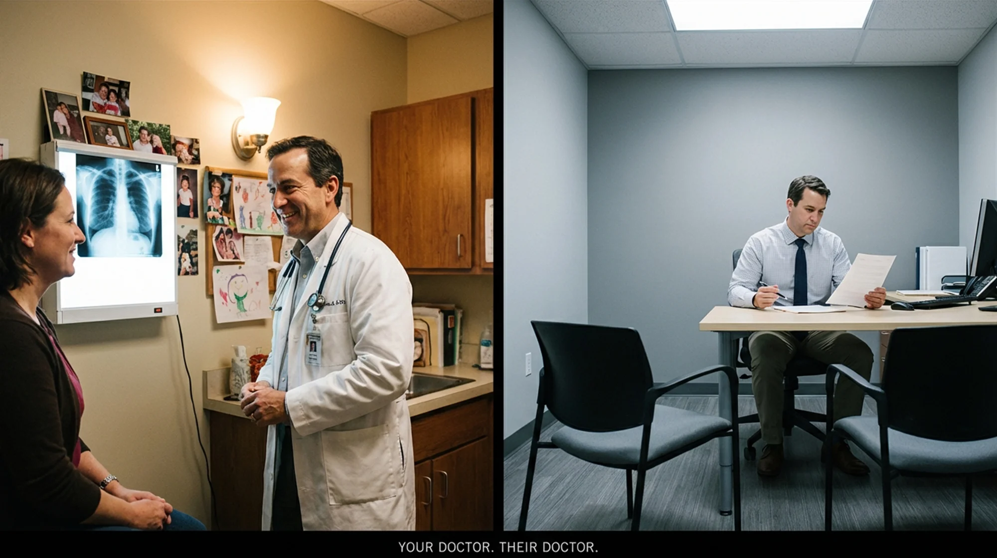 An image of a split screen, on the left is a doctor's room with a happy doctor explaining the situation. On the right is another doctor's room with the doctor alone working on papers. 