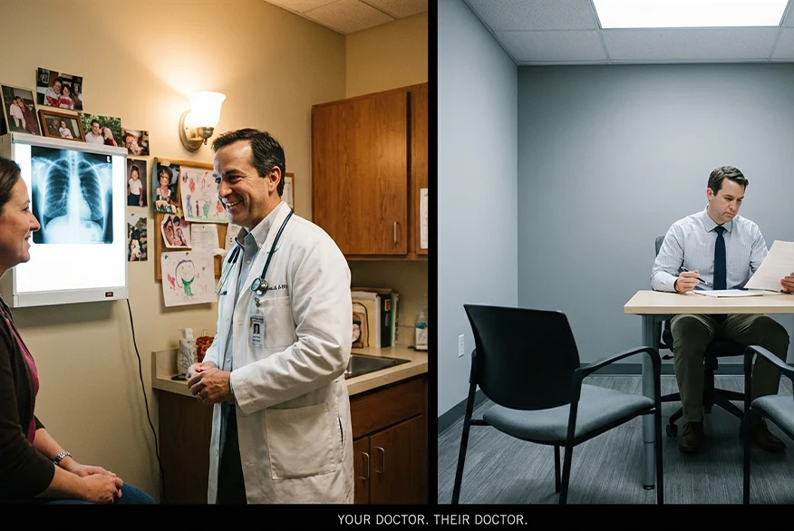 An image of a split screen, on the left is a doctor's room with a happy doctor explaining the situation. On the right is another doctor's room with the doctor alone working on papers. 