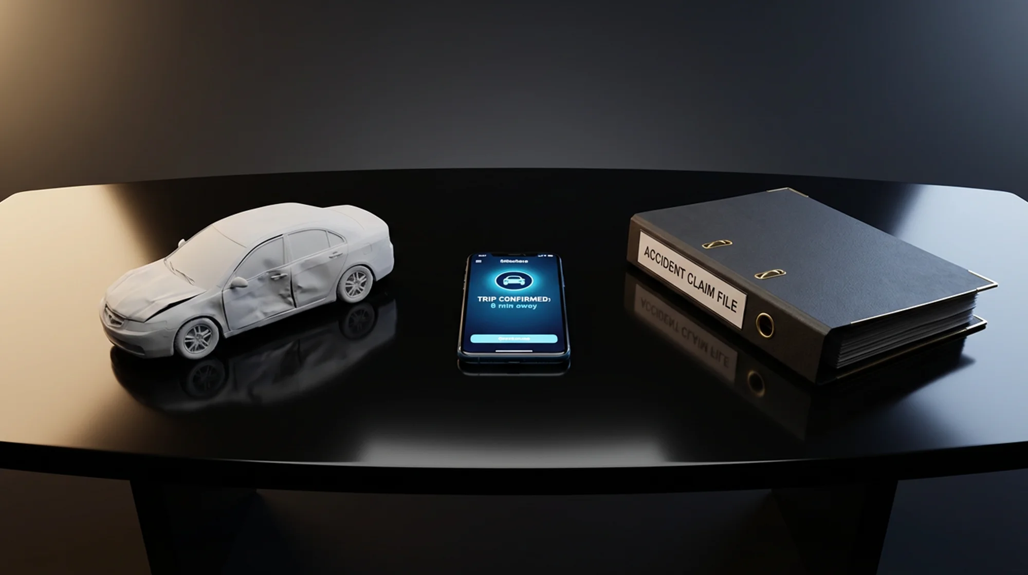 3D render of a damaged car, a phone with a ride-sharing app open, and a folder with documents.