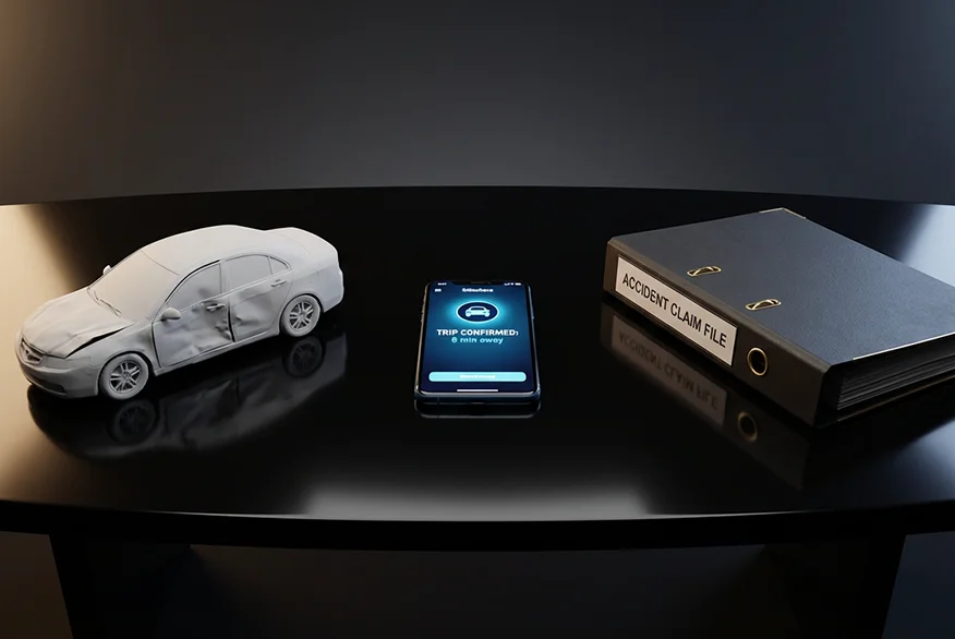 3D render of a damaged car, a phone with a ride-sharing app open, and a folder with documents.