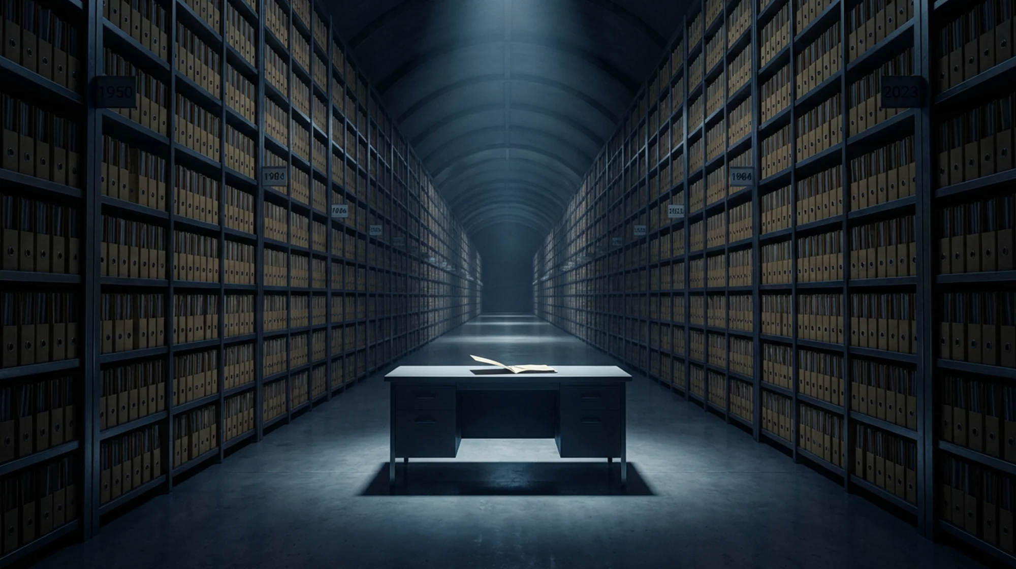 A hall with racks of folders and an empty desk in the middle.