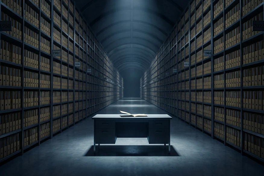 A hall with racks of folders and an empty desk in the middle.